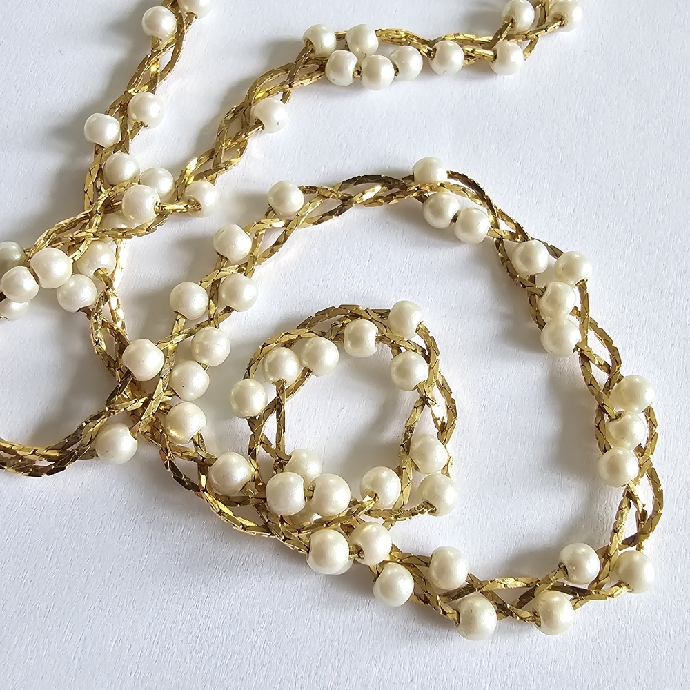 Vintage necklace gold tone white faux pearls braided braid chain pearlcore